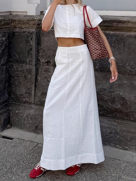 Ensemble crop top et jupe maxi chic en lin blanc mélangé