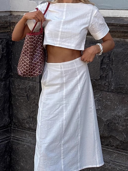 Ensemble crop top et jupe maxi chic en lin blanc mélangé