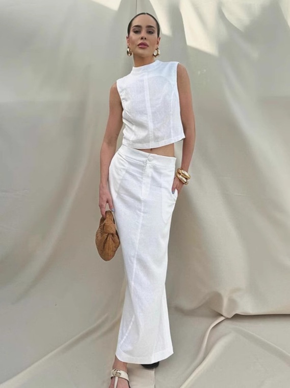 Ensemble crop top et jupe maxi en lin mélangé blanc
