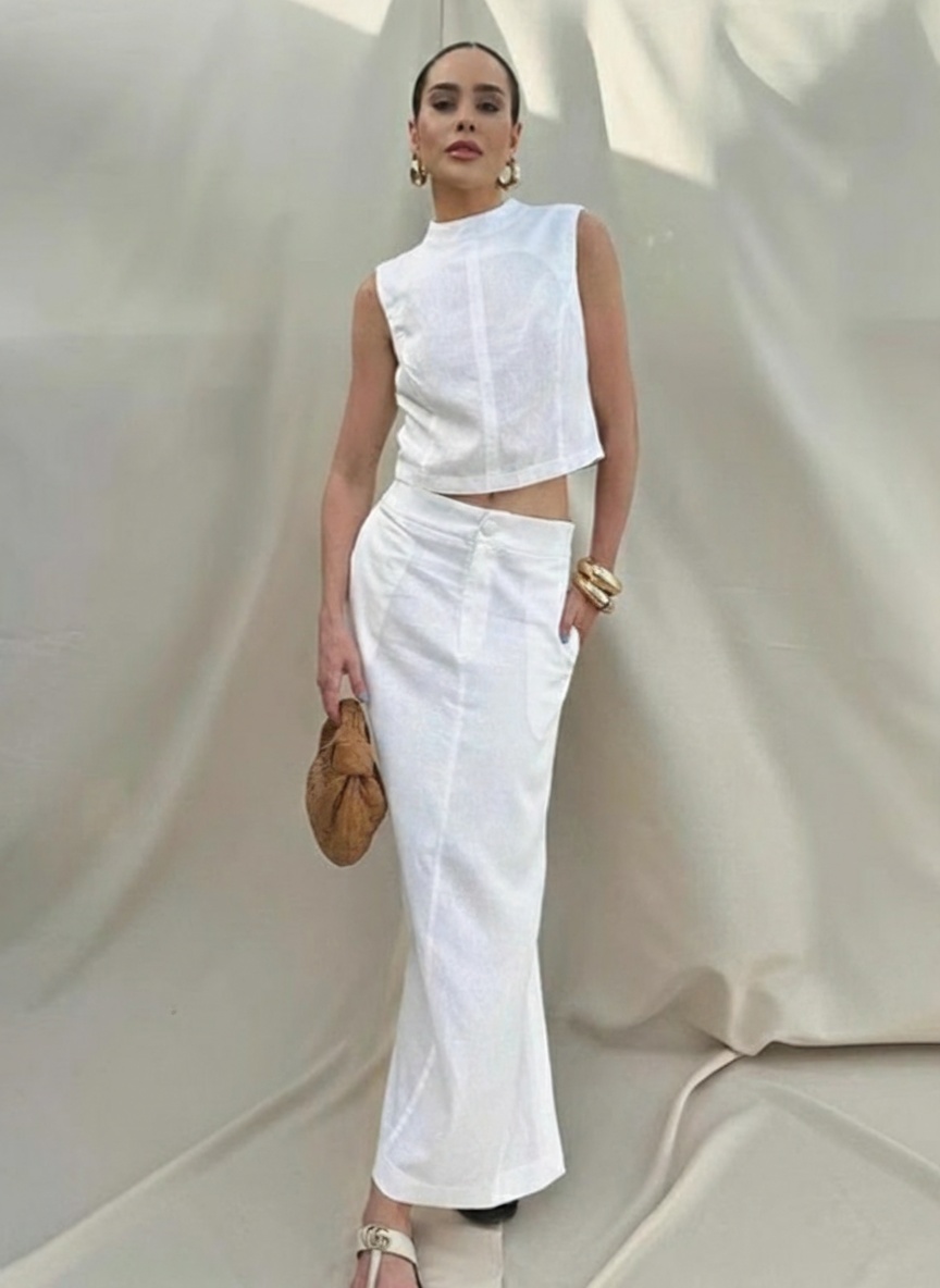 Ensemble crop top et jupe maxi en lin mélangé blanc