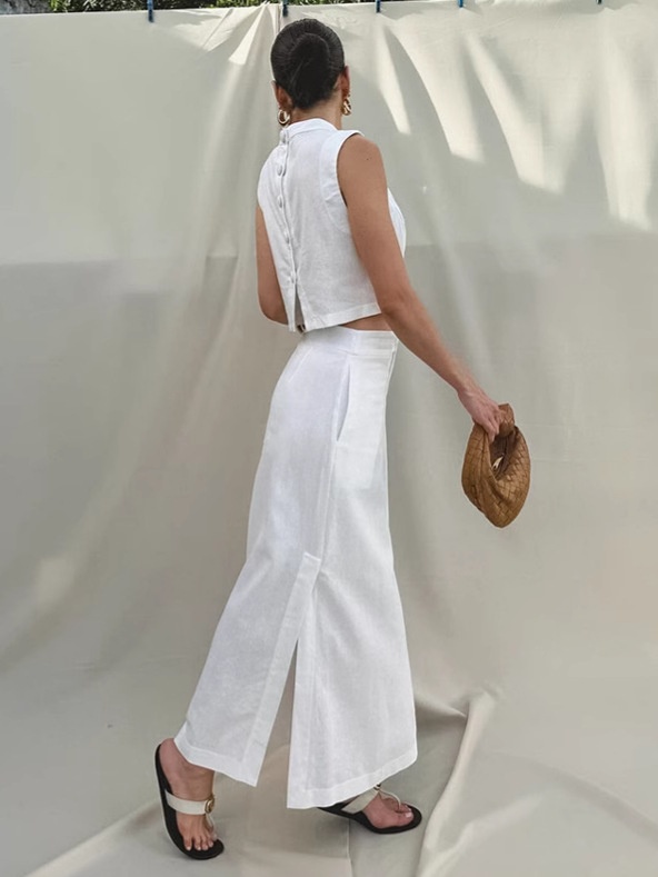 Ensemble crop top et jupe maxi en lin mélangé blanc