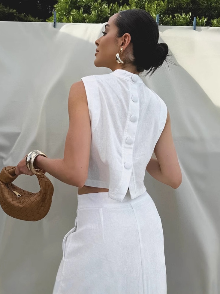 Ensemble crop top et jupe maxi en lin mélangé blanc