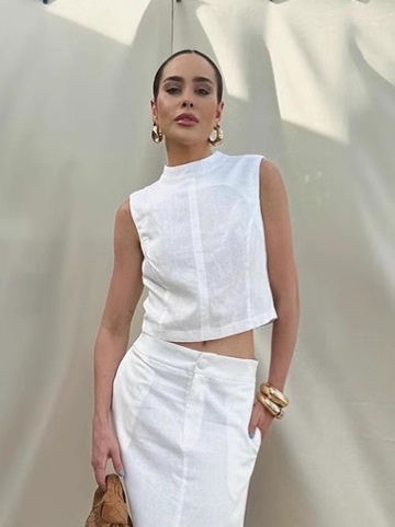 Ensemble crop top et jupe maxi en lin mélangé blanc