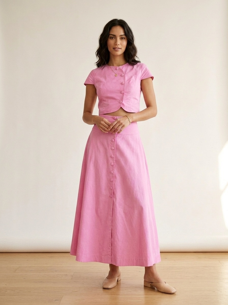 Ensemble deux pièces rose composé d'un crop top boutonné sur le devant et d'une jupe longue