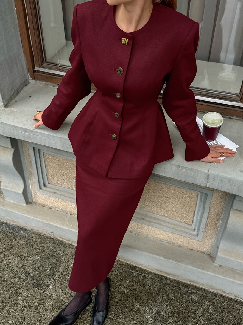 Ensemble tailleur jupe péplum bordeaux vintage pour femme