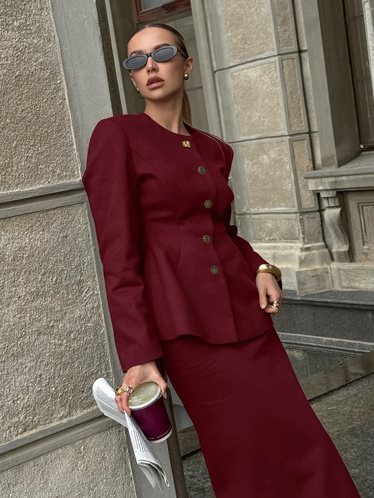 Ensemble tailleur jupe péplum bordeaux vintage pour femme