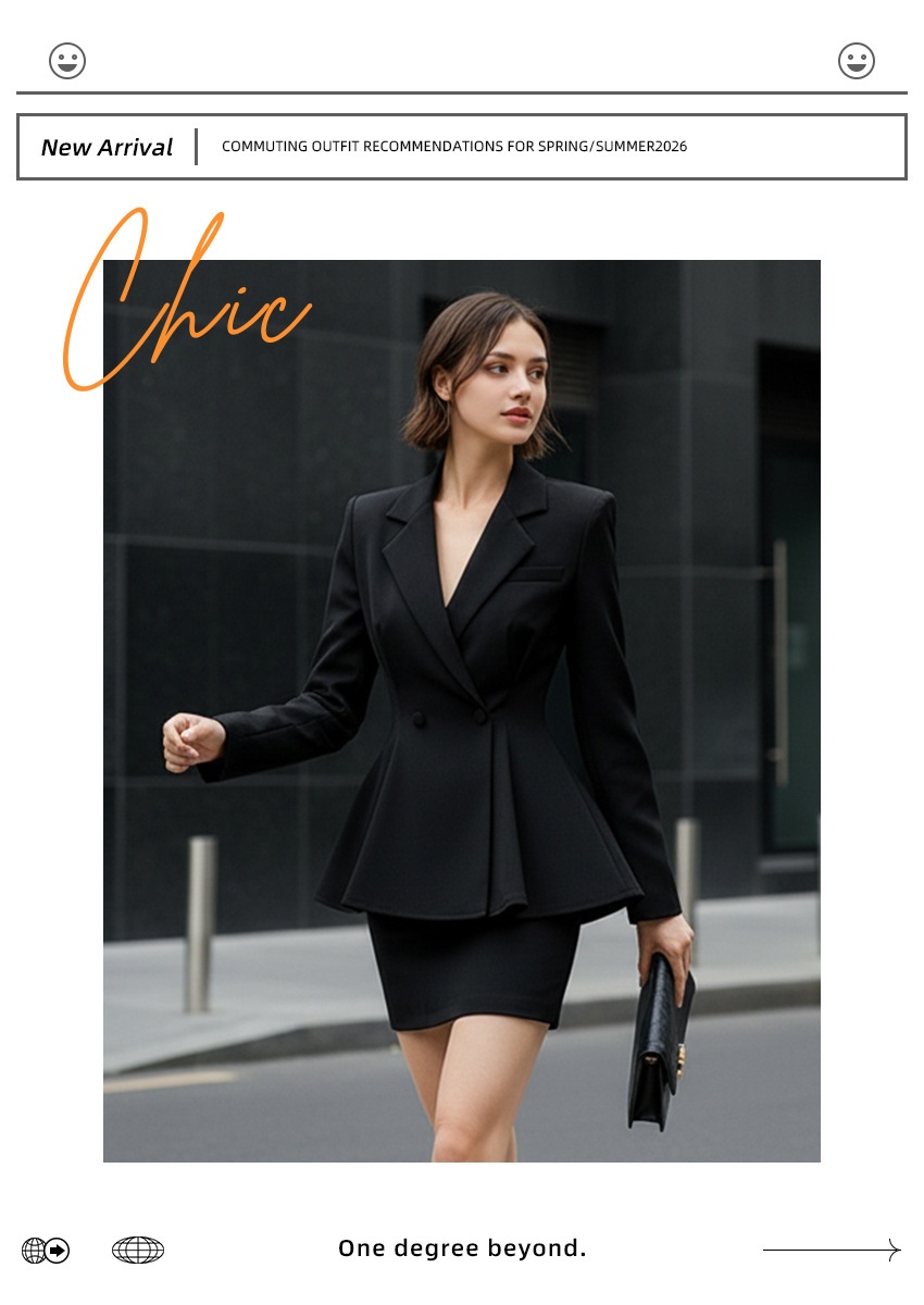 Completo da donna composto da blazer peplum nero e minigonna.