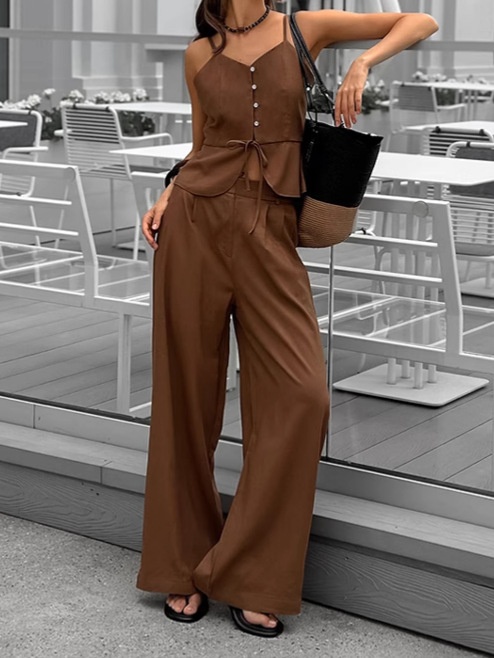 Ensemble débardeur péplum et pantalon large en lin mélangé