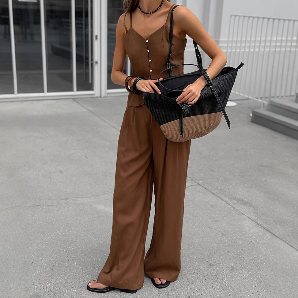 Ensemble débardeur péplum et pantalon large en lin mélangé