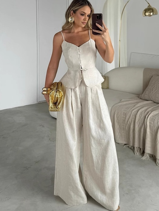 Ensemble débardeur péplum et pantalon large en lin mélangé