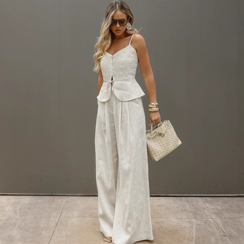 Ensemble débardeur péplum et pantalon large en lin mélangé