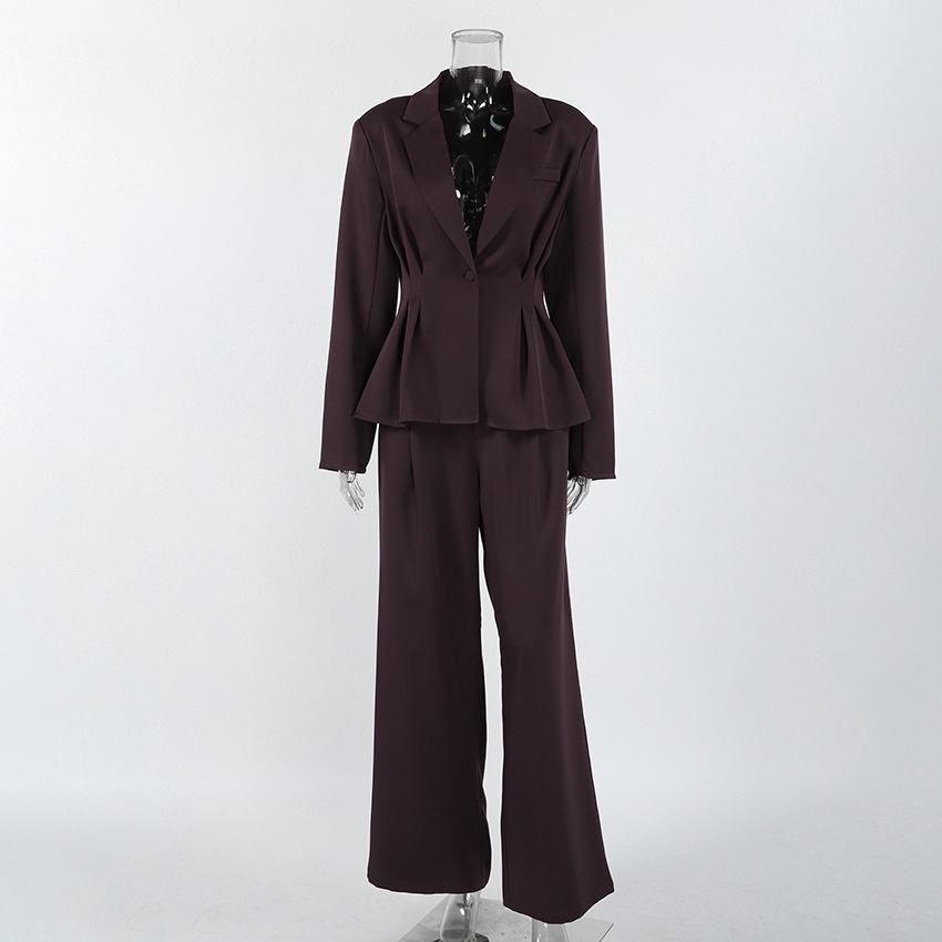 Ensemble blazer péplum marron chocolat et pantalon large pour femme