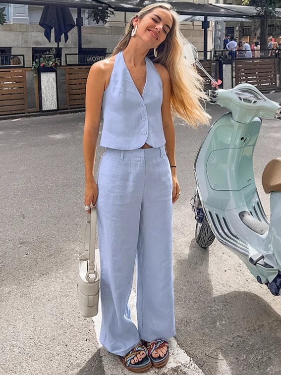 Ensemble débardeur dos nu bleu clair et pantalon large