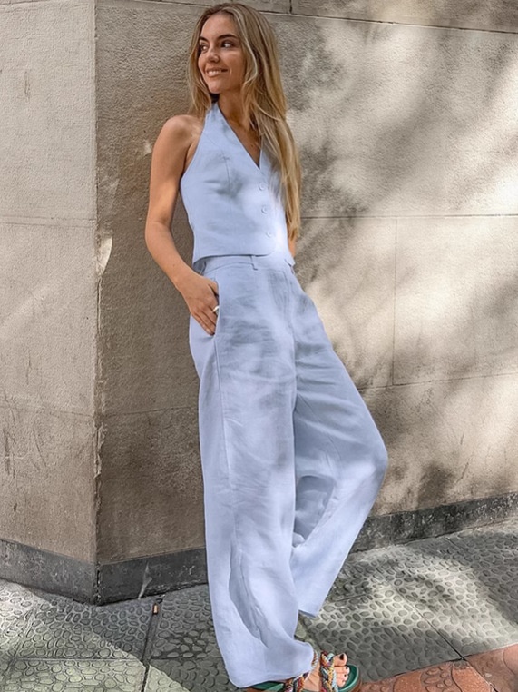 Ensemble débardeur dos nu bleu clair et pantalon large