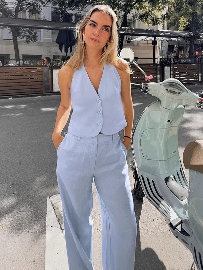 Ensemble débardeur dos nu bleu clair et pantalon large