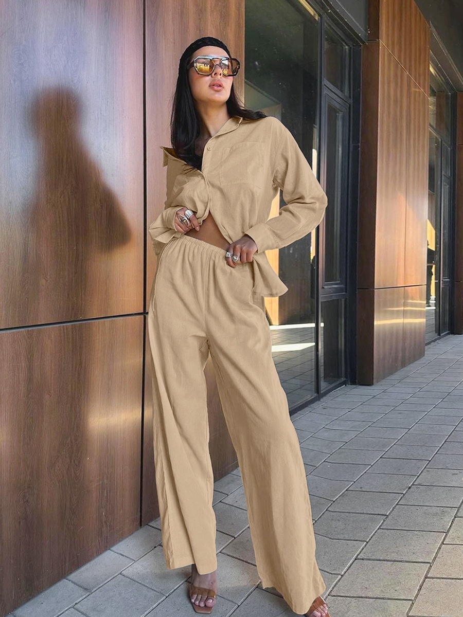 Ensemble chemise et pantalon large en lin mélangé kaki pour femme