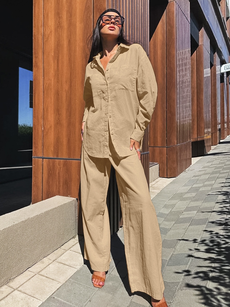 Ensemble chemise et pantalon large en lin mélangé kaki pour femme
