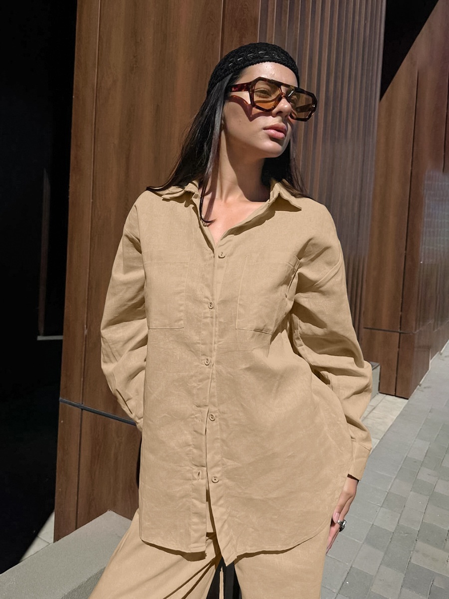 Ensemble chemise et pantalon large en lin mélangé kaki pour femme