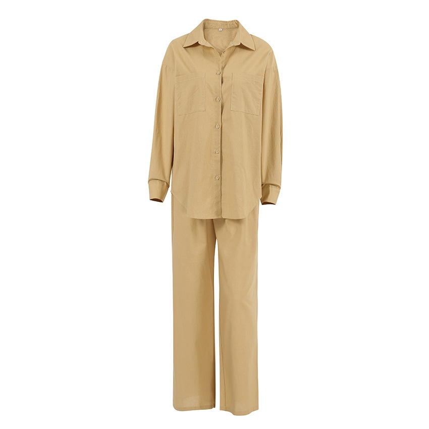 Ensemble chemise et pantalon large en lin mélangé kaki pour femme