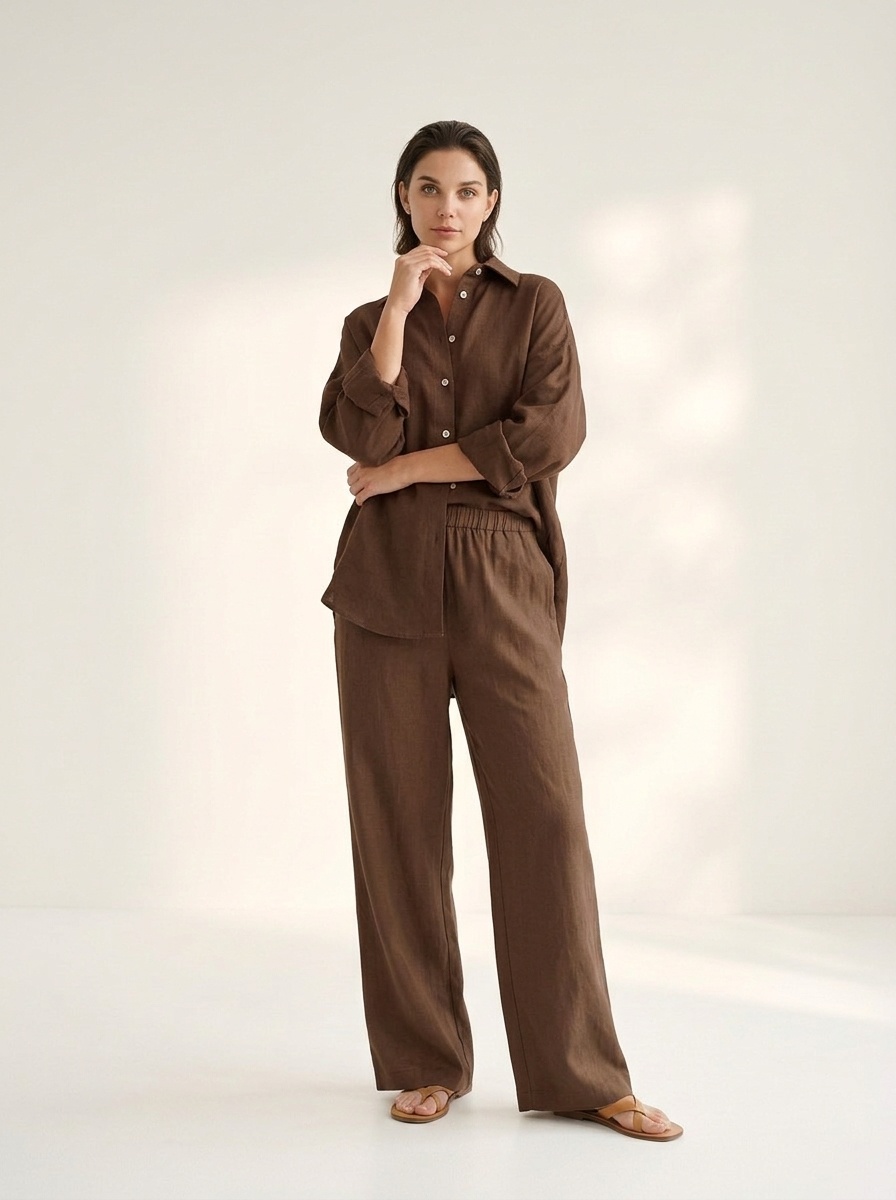 Ensemble chemise oversize en lin et pantalon large - Coupe décontractée