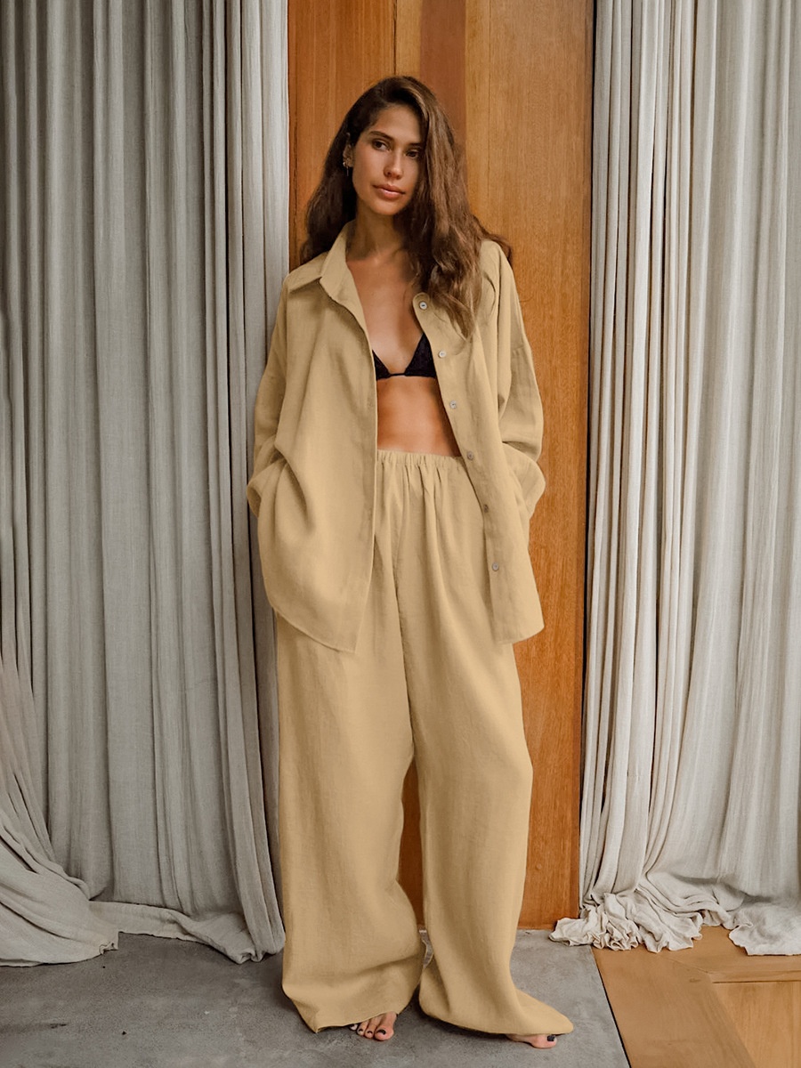 Ensemble chemise oversize en lin et pantalon large - Coupe décontractée