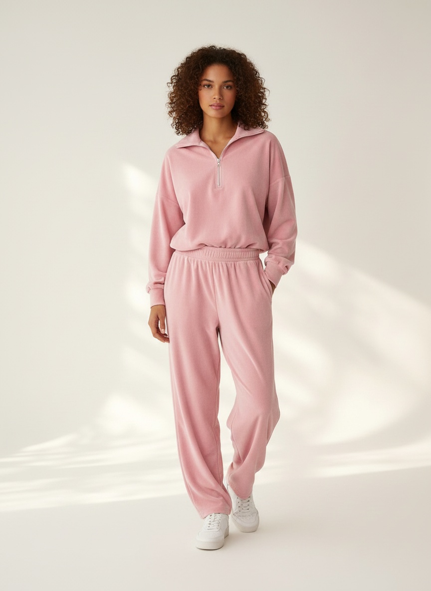 Ensemble de détente rose en velours avec demi-zip - Confortable et chic