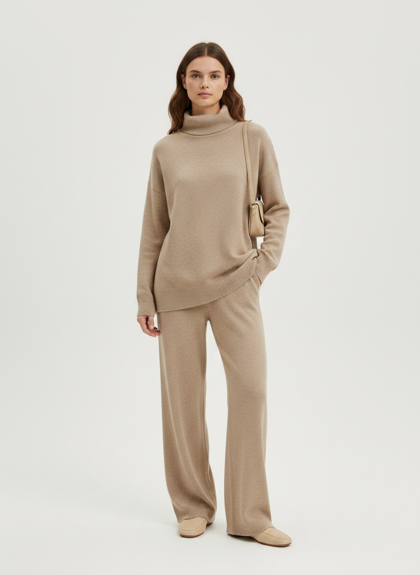 Set aus kuscheligem Strickrollkragenpullover und weit geschnittener Hose