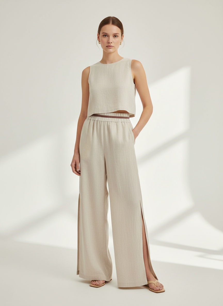 Ensemble crop top sans manches et pantalon fendu en lin mélangé