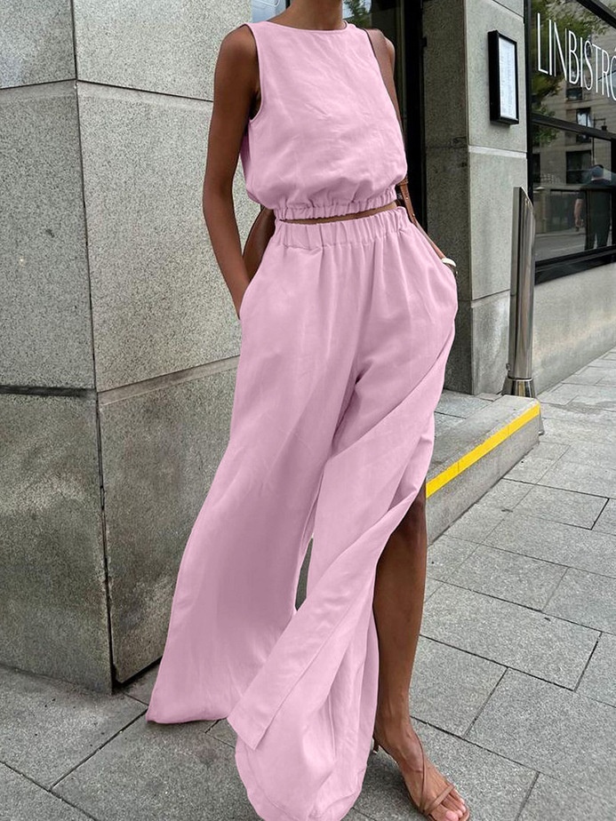 Ensemble crop top sans manches et pantalon fendu en lin mélangé
