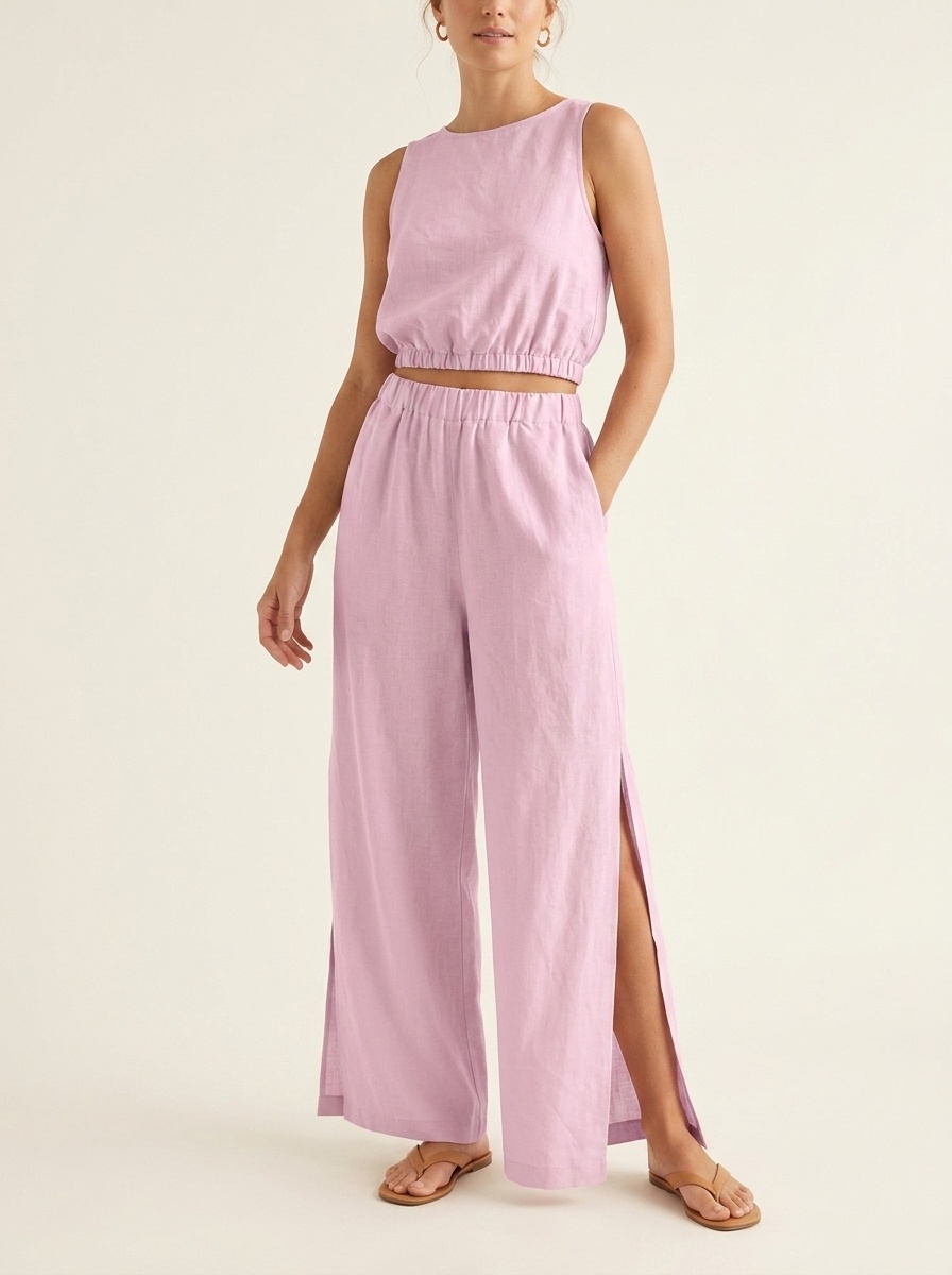 Ensemble crop top sans manches et pantalon fendu en lin mélangé