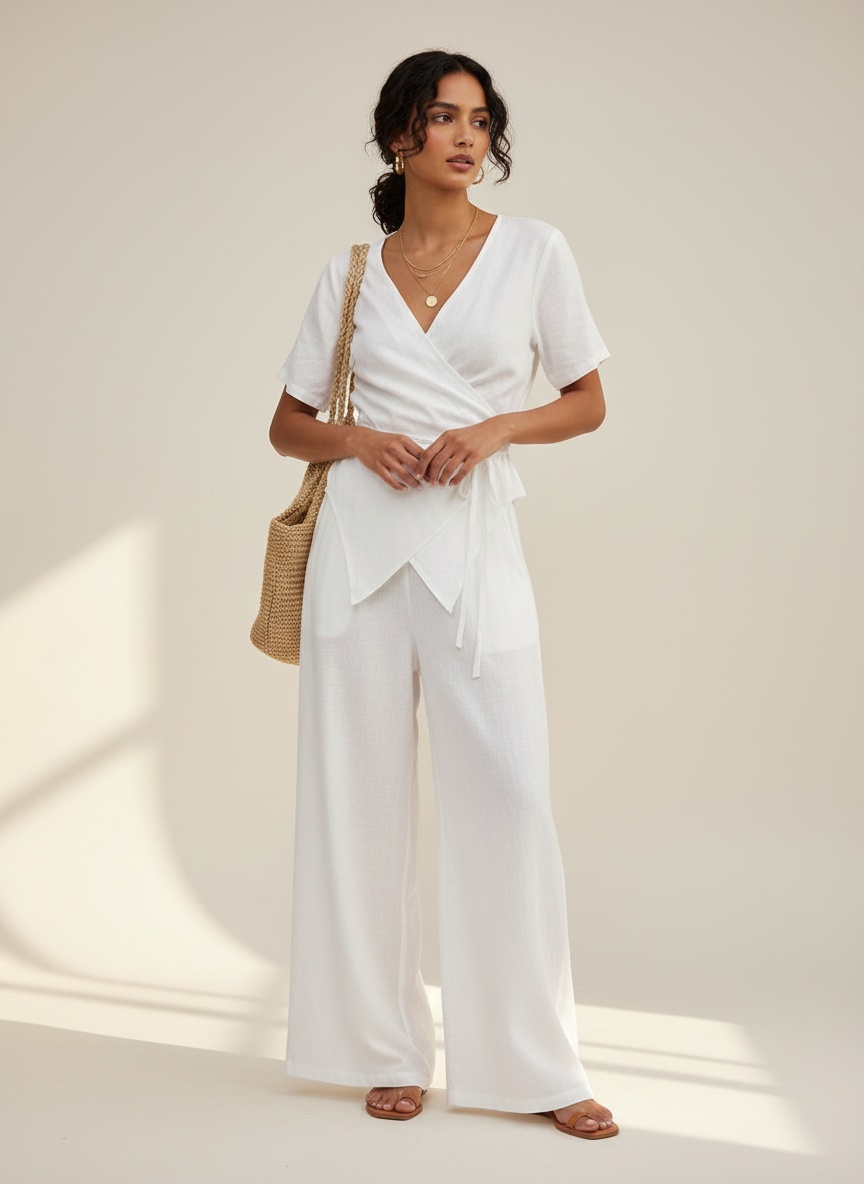 Ensemble haut cache-cœur et pantalon large en lin mélangé blanc