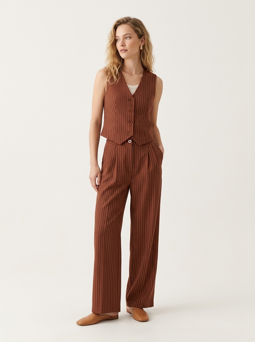 Completo due pezzi composto da gilet gessato e pantaloni a gamba larga