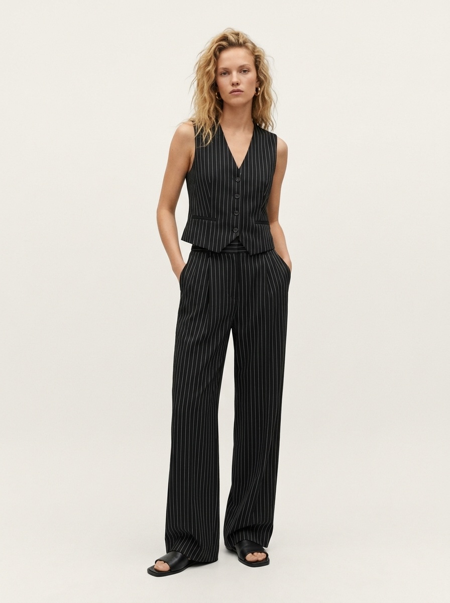 Completo due pezzi composto da gilet gessato e pantaloni a gamba larga