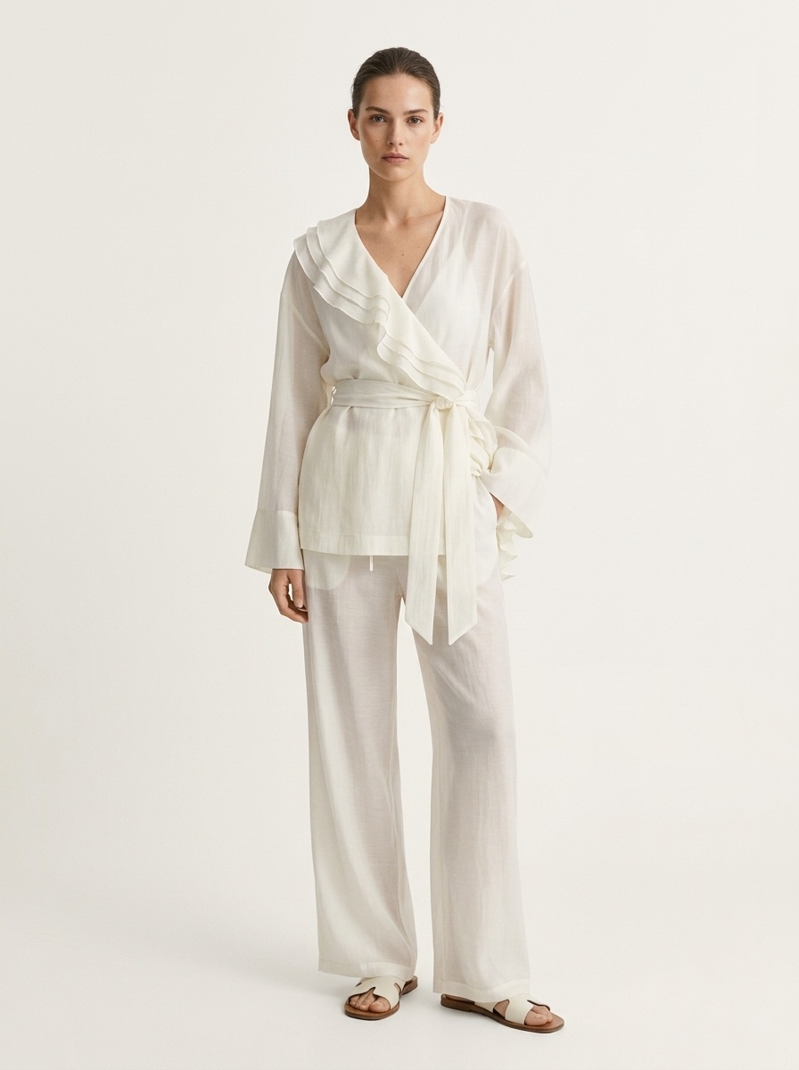Completo da donna composto da blusa a portafoglio con volant e pantaloni a gamba larga.