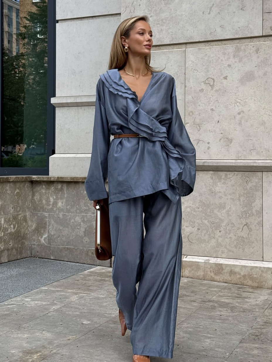 Completo da donna composto da blusa a portafoglio con volant e pantaloni a gamba larga.
