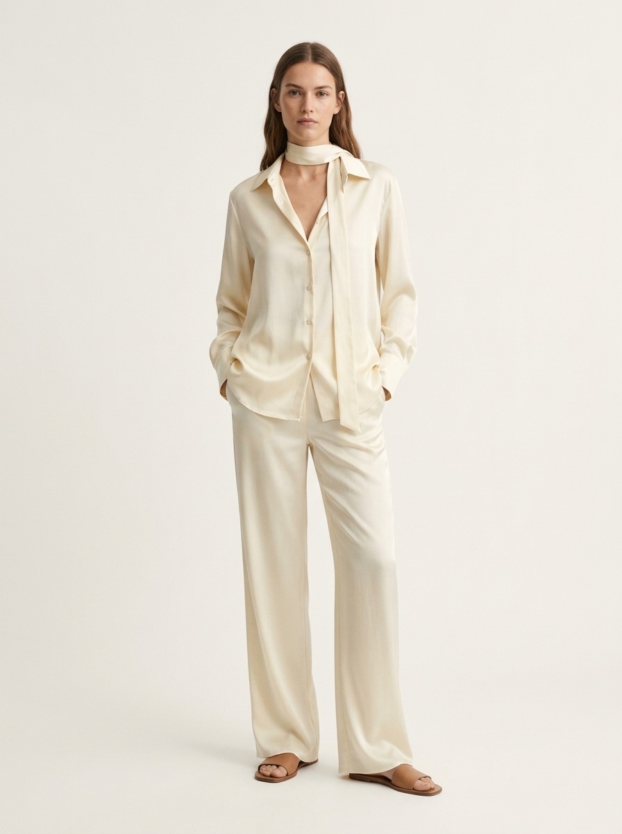 Completo da donna composto da camicia a maniche lunghe testurizzata e pantaloni.