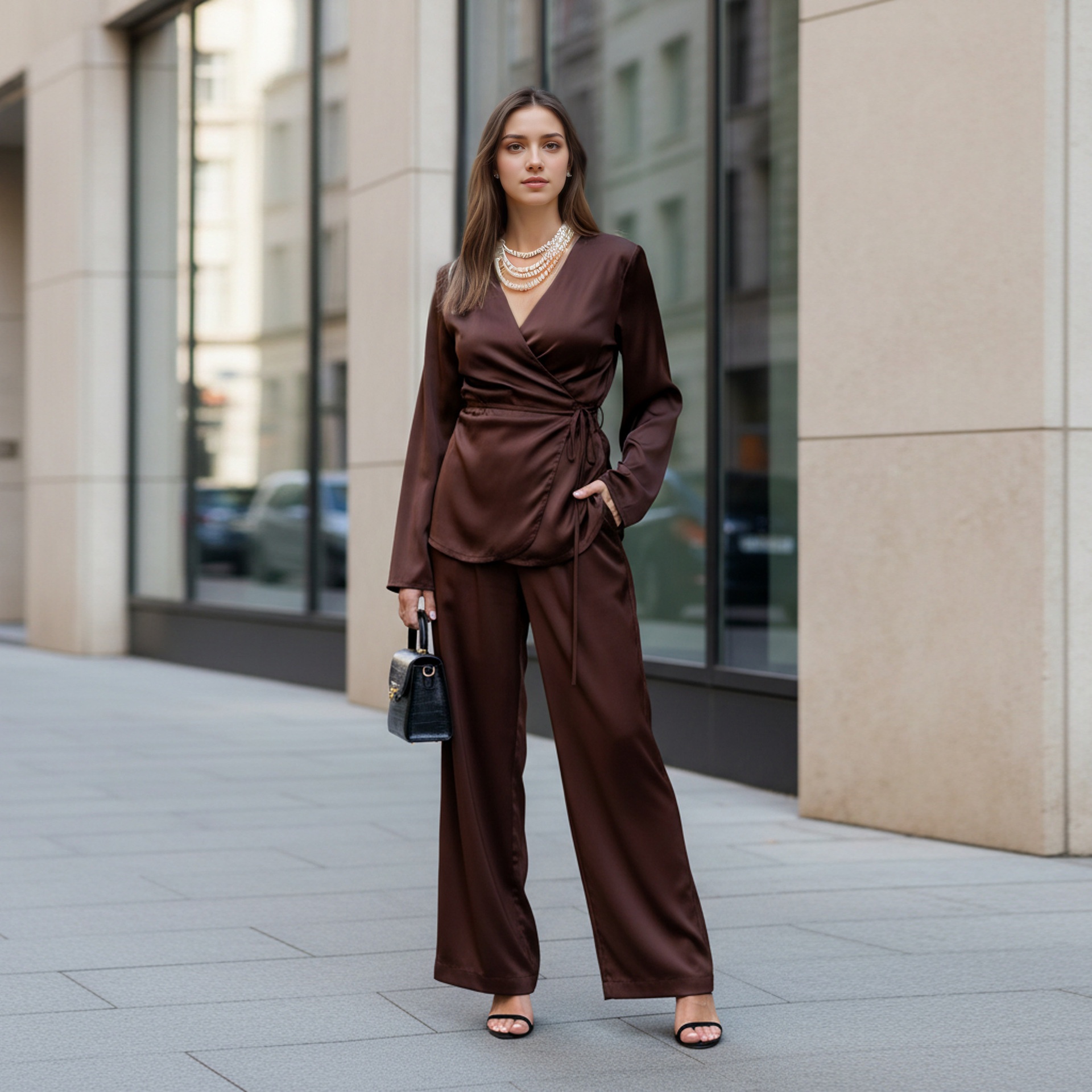 Completo da donna composto da top a portafoglio in raso e pantaloni a gamba larga.