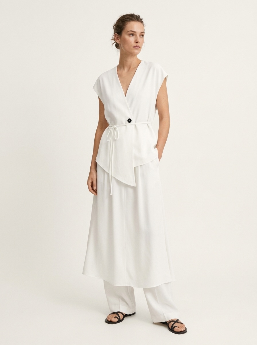 Completo da donna composto da top a gilet con scollo a V e gonna lunga.