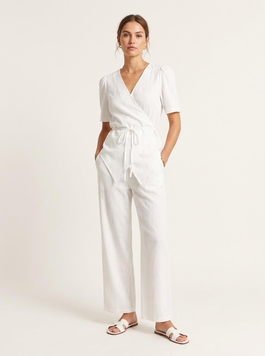 Completo da donna composto da top a portafoglio bianco e pantaloni a gamba larga.