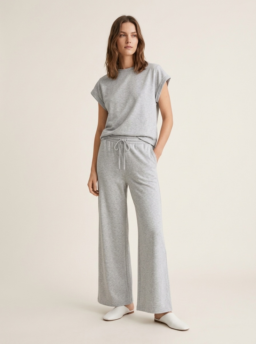 Completo da casa composto da crop top e pantaloni della tuta a gamba larga, composto da due pezzi.