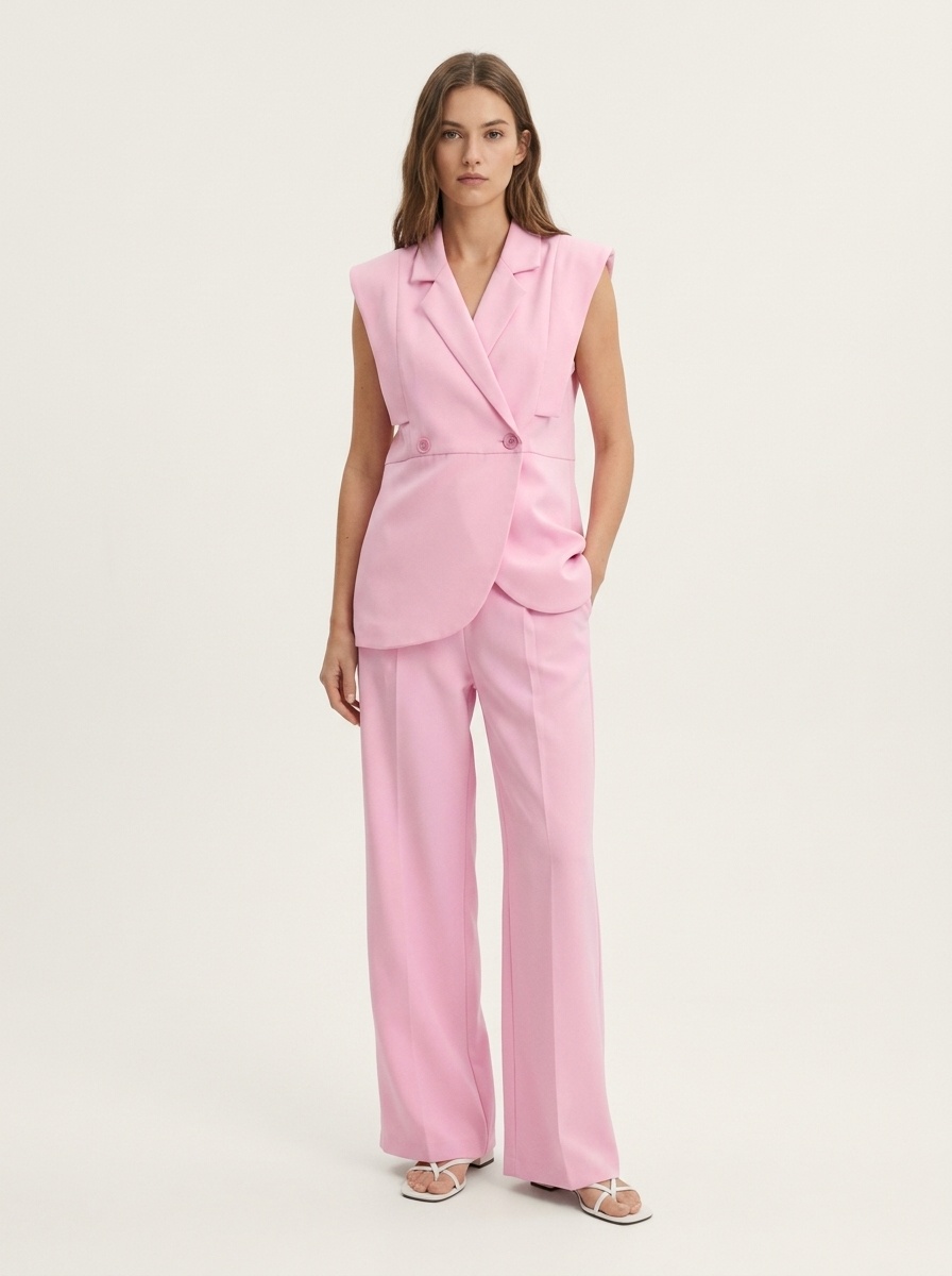 Completo da donna rosa composto da canotta senza maniche e pantaloni a gamba larga.