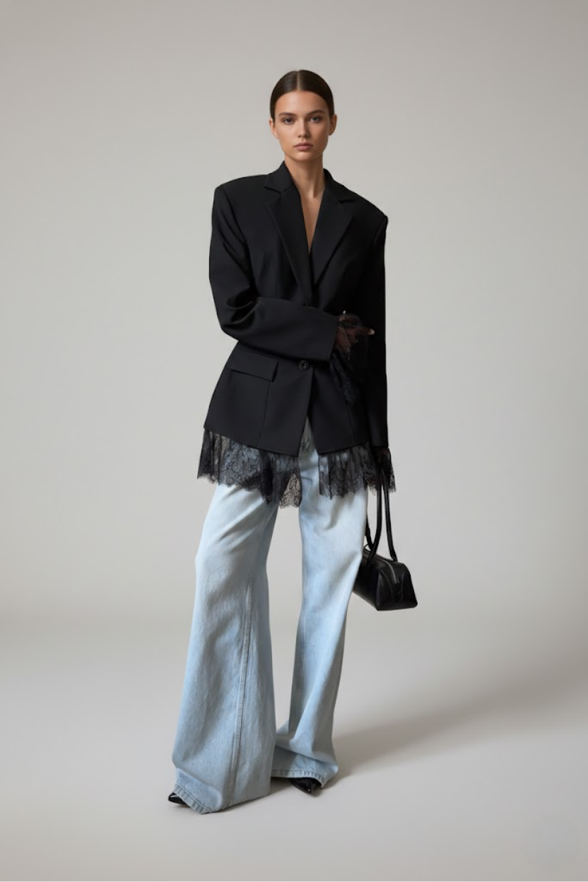 Black Blazer 2025 Autumn/Winter New Arrival Designer Lace Trim SFE-00003