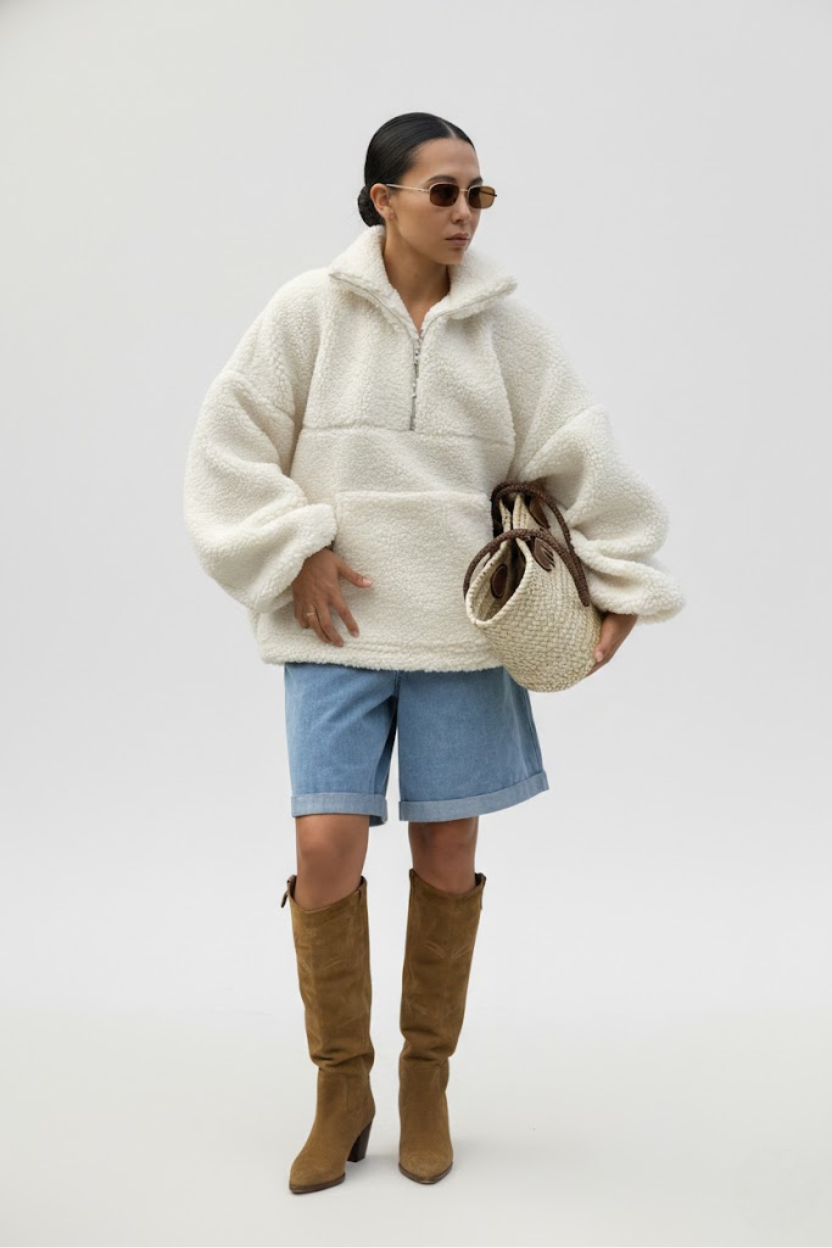 Autumn/Winter Trendy Beige Knit Casual Sherpa Mini-Stand Collar Lantern Sleeve Loose Hoodie SFE-00001