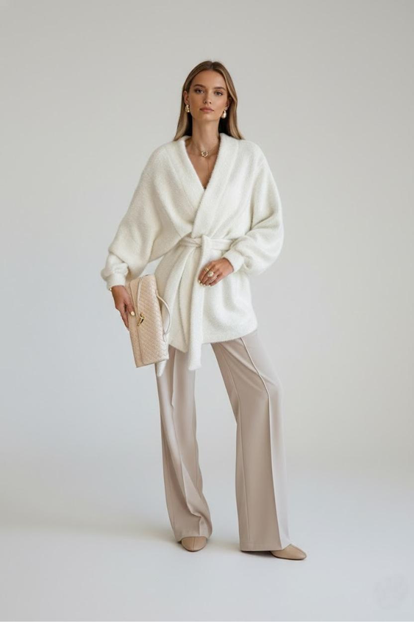 Wholesale Autumn/Winter Lazy Style White V-Neck Long-Sleeve Belted Loose Casual Mid-Length Furry Coat SFE-00002