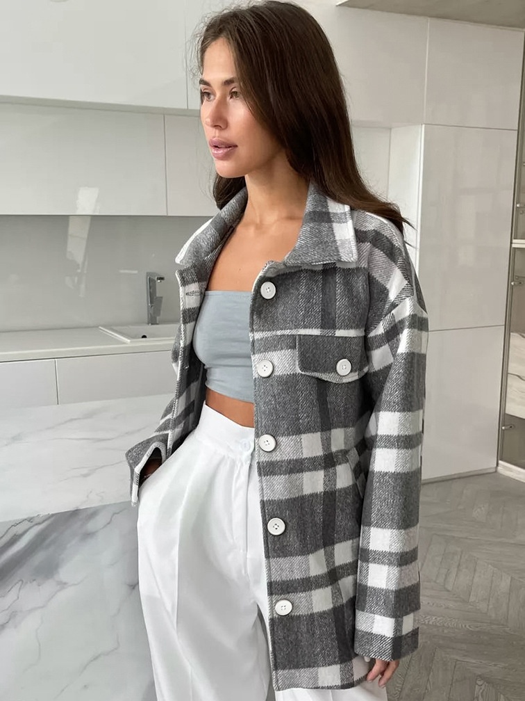 Surchemise à carreaux pour femme avec ceinture - Gris et blanc