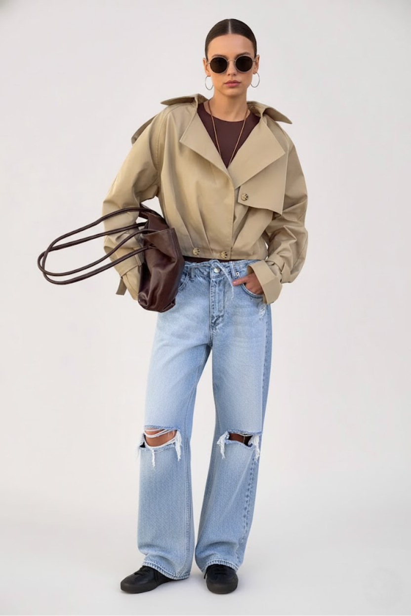 Autumn New Arrival Khaki Double-Breasted Notched Lapel Trench Coat SFE-00026