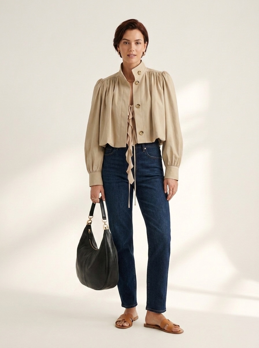 Chemisier court beige chic à manches bouffantes - Haut à col montant