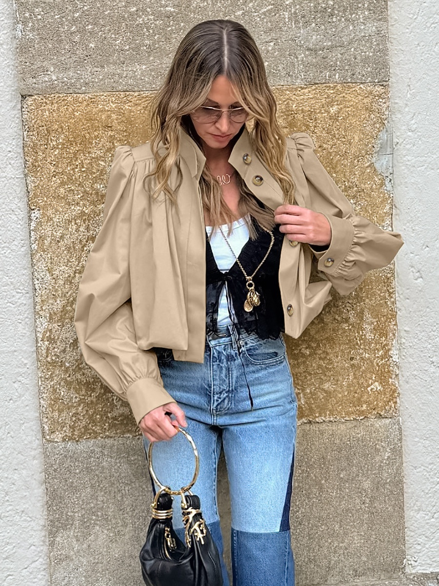 Chemisier court beige chic à manches bouffantes - Haut à col montant