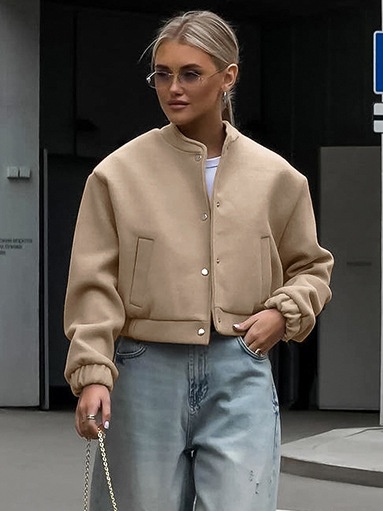 Veste bomber courte beige chic - Vêtements d'extérieur décontractés pour femmes