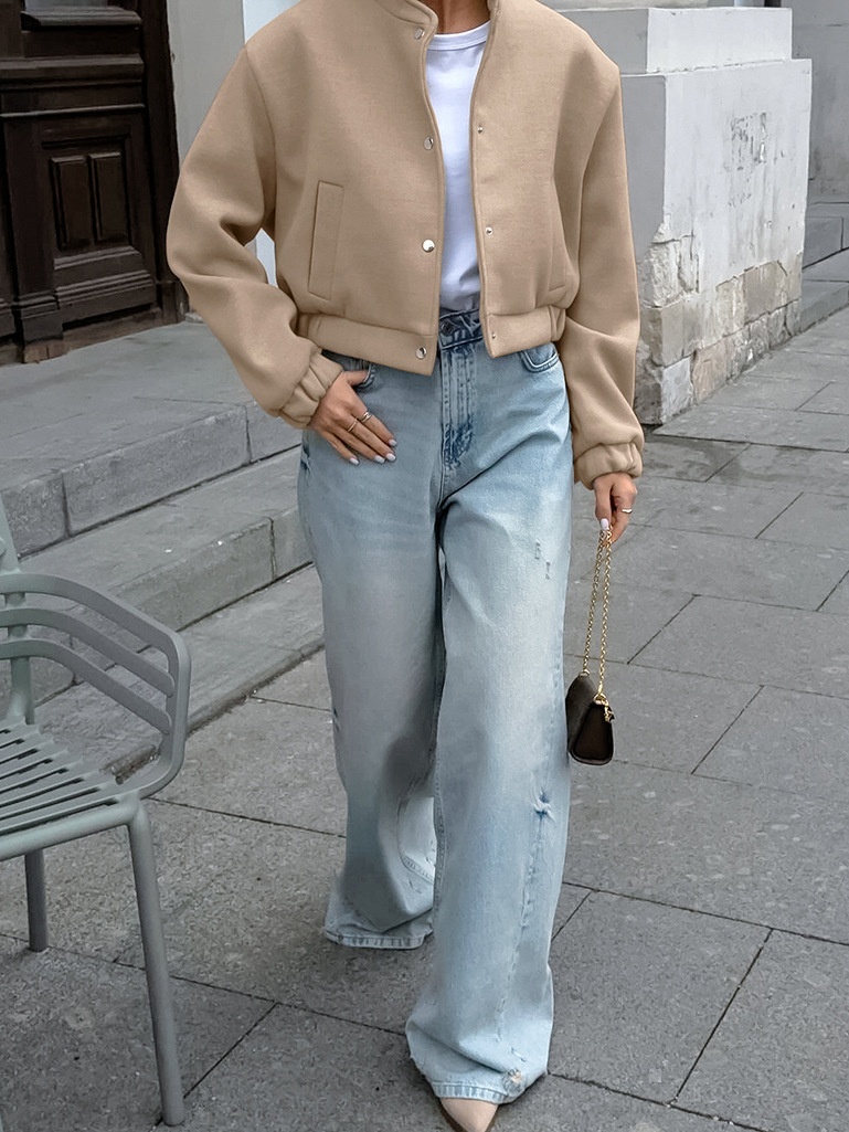 Veste bomber courte beige chic - Vêtements d'extérieur décontractés pour femmes